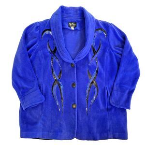 VTG Bob Mackie Blue Wearable Art with Embroidered Design Fleece Jacket Size 2X